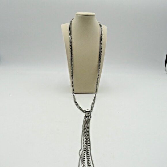 WHBM Silver Tone Multi Strand Y Necklace Tassel Pendant Adjustable Women Jewelry - Picture 2 of 10